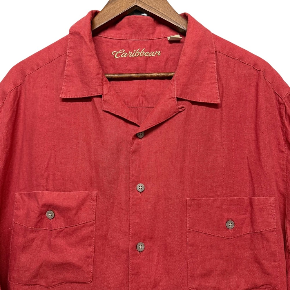 Caribbean Shirt Mens XLT Red 100% Linen Short Sleeve Camp Guayabera Style Button
